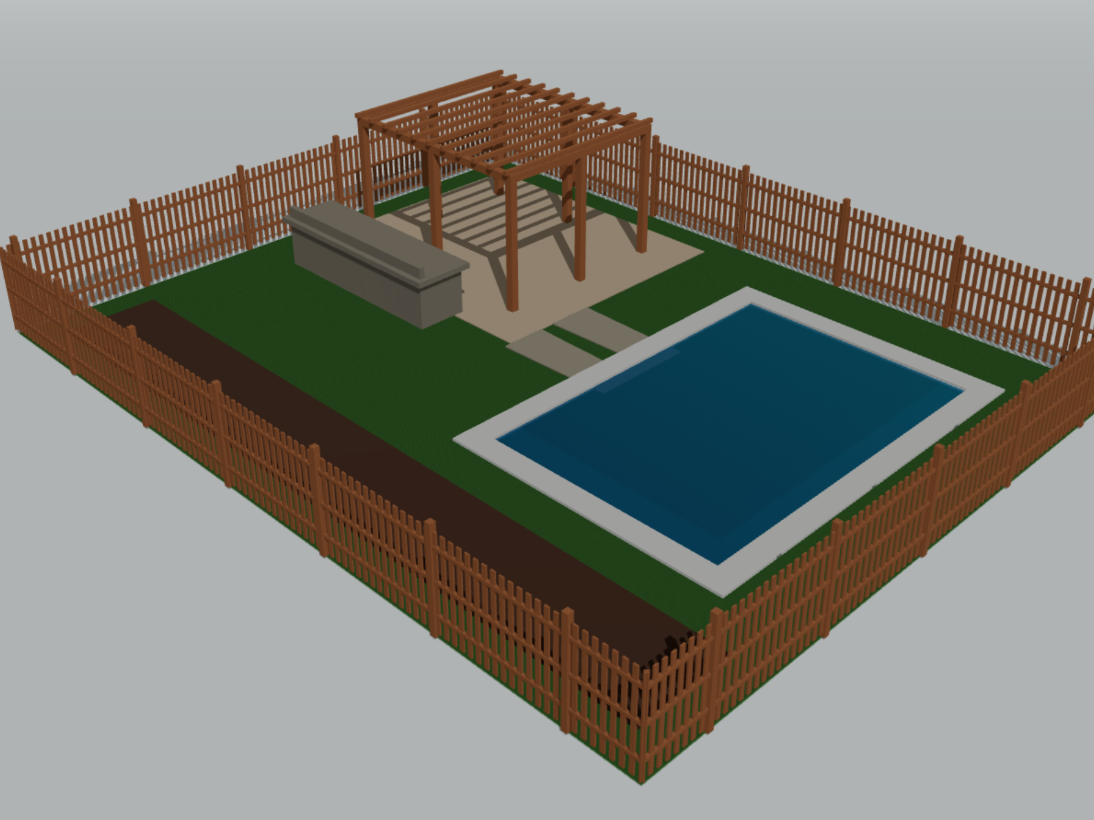 A 3D blueprint of a backyard with a pool, pergola, outdoor kitchen, and fence