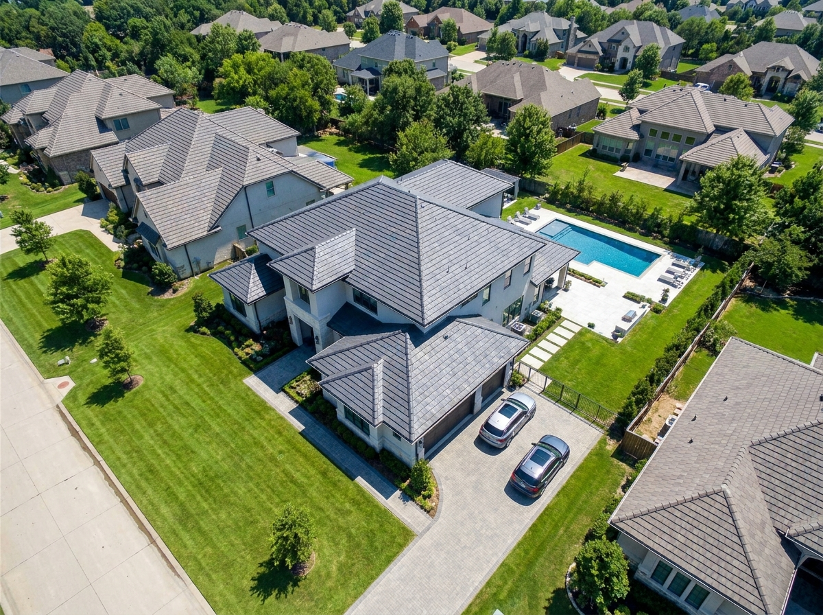 Aerial view of a house being measured